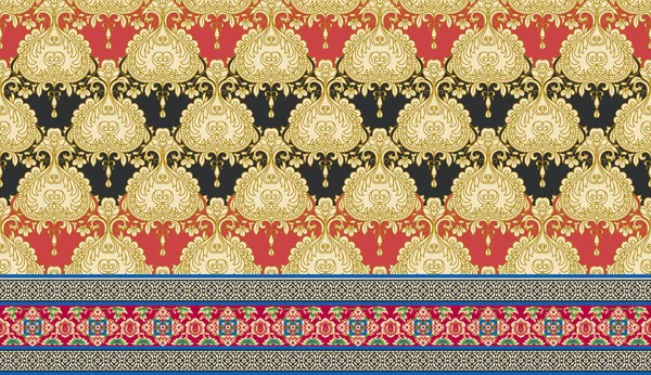 シームレスなフラワーボーダーデザイン 部族間の国境デザイン 茶色の背景にイカットの花のペイズリー刺繍 ヒップスターイカット民族東洋のパターンの伝統 — ストック写真