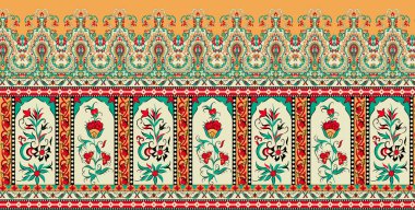 Digital textile design motif with geometrical border seamless and ethnic style decoration for textile print