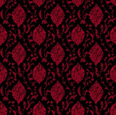 Hint usulü tavus kuşu desenli çiçek desenli. Kalamkari. İki tane pürüzsüz kalıp. Çiçek açan kusursuz desenli kırmızı gül yaprakları tomurcukları ve yaprakları..