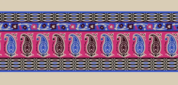 纺织品传统边疆图案 毫无缝隙的Paisley印第安主题 一个美丽的几何装饰民族风格的边框设计手工制作的水彩画图案 — 图库照片