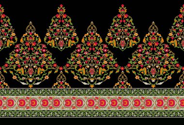 İslami sınır sanat tasarımı Babür çiçek sanat motifleri sınır tasarımı. Kusursuz çiçek motifli sınır tasarımı. Tekstil tasarımı için desenli sınır çizimi. Kusursuz desensiz desenli çiçek desenli tekstil kenarı.