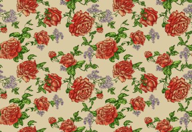 Arka planda kusursuz çiçek deseni var. Donanma arka planında kusursuz bir çiçek deseni var. Bej bir arka planda yeşillik desenli romantik çiçekler..