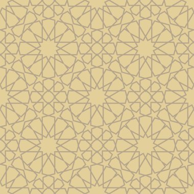 Beyaz arka planda altın yıldızlı ve çiçek elementli kusursuz geometrik desen. Tek renkli soyut tasarım. Arapça dekoratif kafes. Tekstil, kumaş ve ambalaj için arka plan.