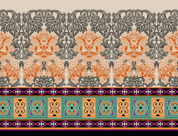 Têxtil Digital Ikat Etnia Design Conjunto Damasco Fronteira Barroco Padrão — Fotografia de Stock