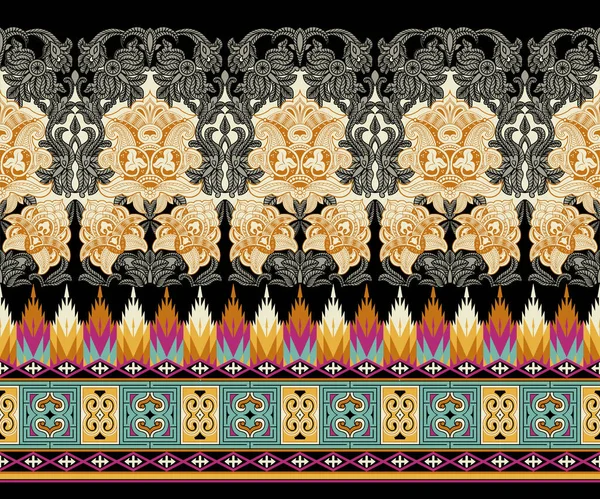 Textil Digital Ikat Diseño Étnico Conjunto Damasco Frontera Barroco Patrón —  Fotos de Stock