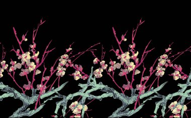 Geleneksel Babür bahçesi, kemer, tavus kuşu, bitki ve kuş çizimleri kusursuz desen. Hint Babür dekoratif bahçe çerçevesi düğün davetiyesi deseni için.