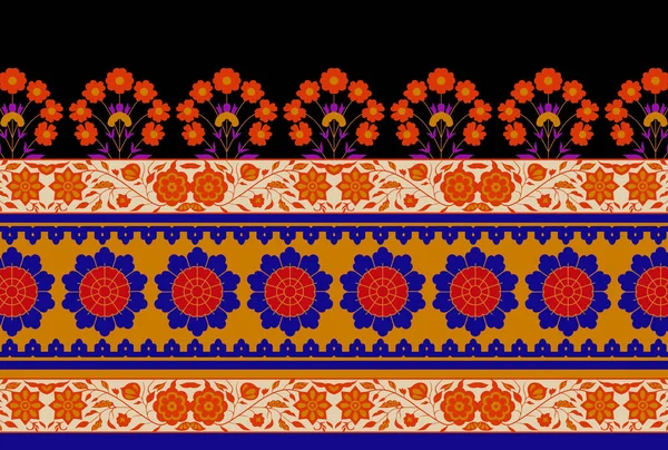 青色の背景にイカット花ペイズリー刺繍 幾何学的な民族の東洋のパターンの伝統 アステカスタイル抽象的なイラスト テクスチャ ファブリック サロンのためのデザイン — ストック写真