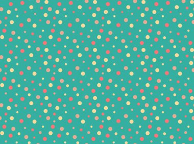 Polka Dot Deseni, Kusursuz Arkaplan. Soyut, pürüzsüz desen. Çok renkli yuvarlak şekiller veya küreler pürüzsüz pastel sarı, mor, mavi, pembe renk desenleri. Nazik bebek baskısı.