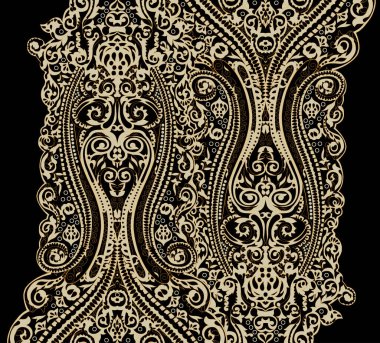 Esmer arka planda geleneksel Asya desenli kenar. Fantezi çiçekler ve şal desenli retro, eski moda, jakoben nakış tarzı. Elementler, tasarım motifi. Vektör illüstrasyonu.