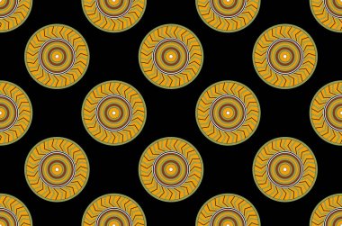 Siyah zemin üzerinde kırmızı, yeşil ve sarı daireler. Çok renkli yüzüklerle süslemeli soyut motif. Klasik grafik tekstil dokusu. Kusursuz geometrik vektör deseni.