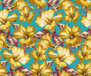 Suluboya efektli kusursuz retro çiçek deseni. Hafif arka planda altın sarısı çiçekler. Mevsimlik veya duvar kağıdı tasarımı için sonbahar yaprakları sarı, turuncu ve kahverengi renklerde pürüzsüz desen.