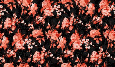 Koyu arka planda çiçekli kusursuz çiçek deseni, suluboya. Tekstil, iç mekan, kıyafet, duvar kağıdı için şablon tasarımı. Botanik sanatı. Tekstil tasarım illüstrasyonunun her yerinde soyut tek renkli büyük çiçekler.