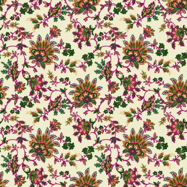 desenli desenli desenli çiçek deseni ve Hint çiçeği motifleri. Tekstil ve dekorasyon için damaske biçimi. Paisley vintage illüstrasyon kusursuz desensiz renkli soyut. Etnik çiçekli kaşmir element folklorik. 