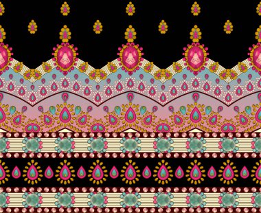 Dijital baskı tasarımı, tebrik kartları ve düğün davetiyeleri için doğulu kumaş desenleri. Siyah ve beyaz unsurların olduğu bir resim. Soyut geometrik arkaplan dokusu barok Paisley 'i şekillendirir vs..