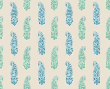 Geleneksel Asya elementlerine dayanan kusursuz desenli Paisley Bohem Sınırları. Mavi Çiçek Motifli çizgiler, Güller, Paisleyler. Kumaş, tekstil vesaire için dekoratif arkaplan.