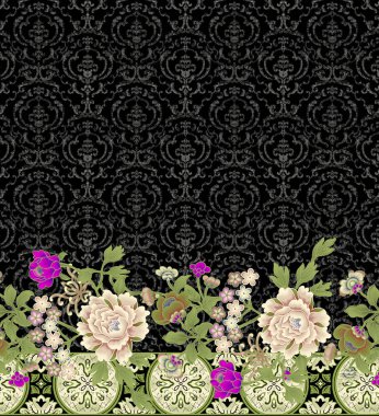 Küçük basit çiçeklerdeki şirin desen. Kusursuz bir arka plan ve kusursuz bir sınır. Elbisenin kalıbının bir örneği. Çizim. Beyaz üzerine kırmızı siyah.