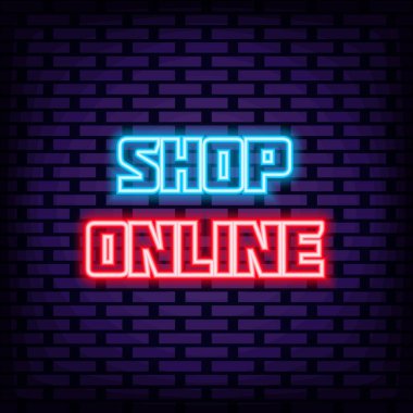Dükkan Çevrimiçi Neon İşaret Vektörü. Parlak tabela. Neon mesajı. Tasarım elemanı. Vektör İllüstrasyonu