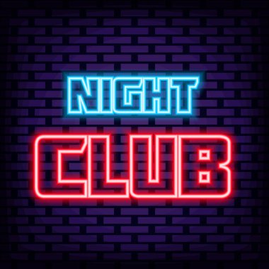 Gece kulübü Neon tabelaları. Duvarın arkasında. Neon mesajı. Parlak renkli vektör. Vektör İllüstrasyonu