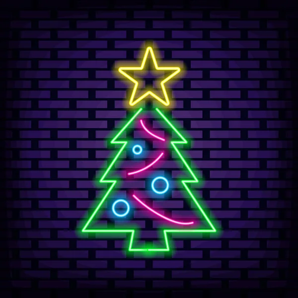 Neon tarzı Noel Ağacı Rozeti. Duvarın arkasında. Neon levha duyurusu. Siyah arka planda izole edilmiş. Vektör İllüstrasyonu