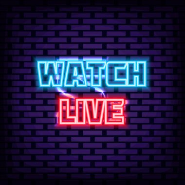 Canlı Neon İşaret Vektörü 'nü izle. Duvarın arkasında. Hafif sanat. Siyah arka planda izole edilmiş. Vektör İllüstrasyonu