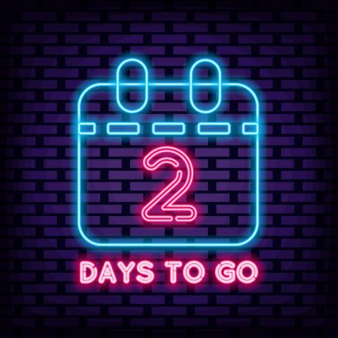 2 Gün Kaldı Neon İşaret Vektörü. Neon senaryo. Hafif sanat. Parlak renkli vektör. Vektör İllüstrasyonu