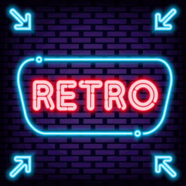 Retro Rozet, neon tarzı. Neon senaryo. Hafif sanat. Siyah arka planda izole edilmiş. Vektör İllüstrasyonu