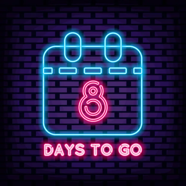 Neon alıntısına göre 8 gün kaldı. Renkli neon ışıklarıyla parlıyordu. Neon levha duyurusu. Modern moda tasarımı. Vektör İllüstrasyonu