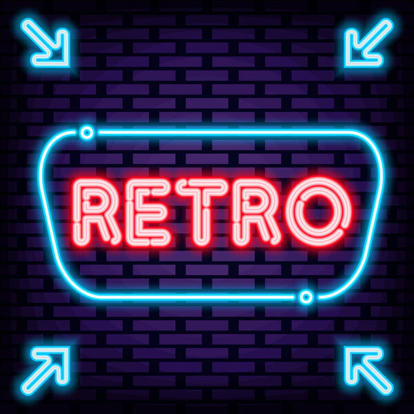 Retro Badge in neon style. Neon script. Light art. Isolated on black background. Vector Illustration