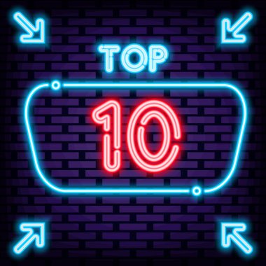Neon tarzı ilk 10 Rozet. Parlak tabela. Hafif sanat. Parlak renkli vektör. Vektör İllüstrasyonu