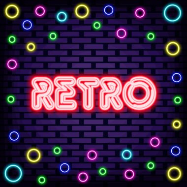 Retro Neon İşaret Vektörü. Renkli neon ışıklarıyla parlıyordu. Neon mesajı. Siyah arka planda izole edilmiş. Vektör İllüstrasyonu