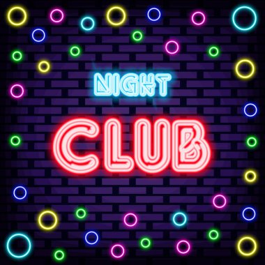 Gece kulübü Neon tabelaları. Renkli neon ışıklarıyla parlıyordu. Hafif sanat. Moda tasarım elemanları. Vektör İllüstrasyonu
