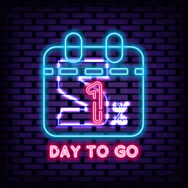 1 Gün Kaldı Neon İşaret Vektörü. Neon senaryo. Hafif sanat. Parlak renkli vektör. Vektör İllüstrasyonu