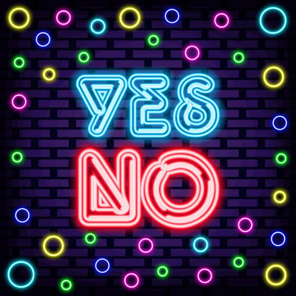 stock vector Yes or No Neon sign. On brick wall background. Light art. Trendy design elements. Vector Illustration