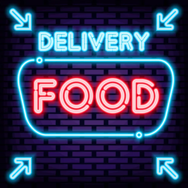Delivery Food Neon Sign Glowing Colorful Neon Light Night Advensing — Stock Vector