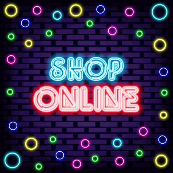 Online Einkaufen Neon Zeichen Auf Backsteinmauer Hintergrund Leuchtendes Banner Heller — Stockvektor