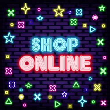 Dükkan Online Neon tabelası. Duvarın arkasında. Hafif sanat. Parlak renkli vektör. Vektör İllüstrasyonu