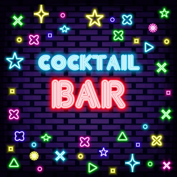 Insegne Neon Cocktail Bar Sfondo Muro Mattoni Bandiera Leggera Isolato — Vettoriale Stock
