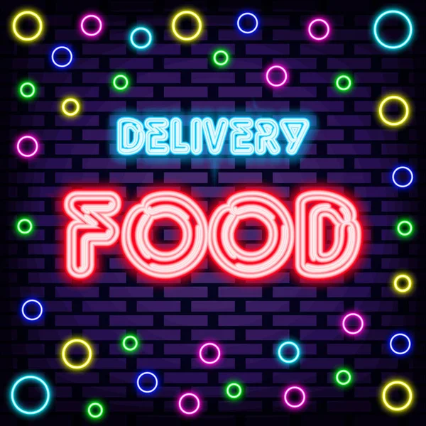 Delivery Food Badge Neonfarbenen Stil Helles Schild Lichtkunst Modernes Trenddesign — Stockvektor