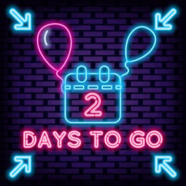 2 Gün Kaldı Neon İşaret Vektörü. Renkli neon ışıklarıyla parlıyordu. Hafif afiş. Parlak renkli vektör. Vektör İllüstrasyonu
