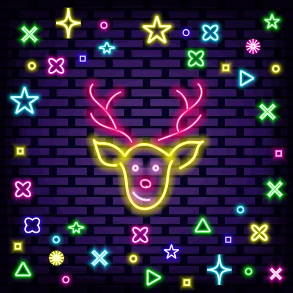 Cerf Noël Néon Signe Lumineux Avec Une Lumière Néon Colorée — Image vectorielle
