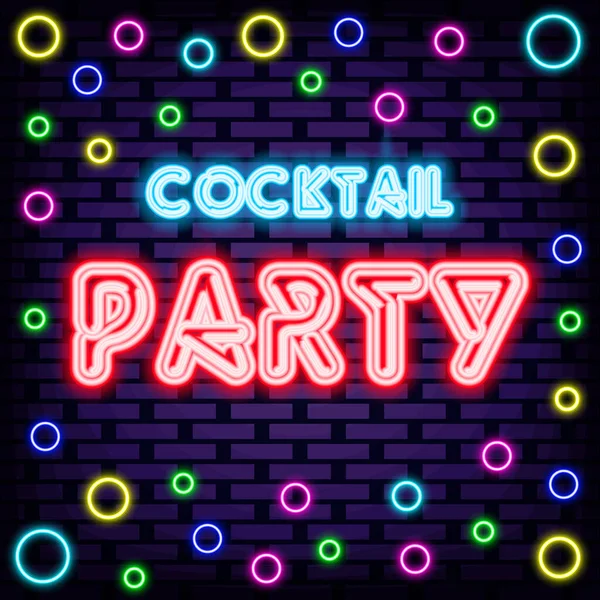 Cocktail Party Neon Quote Sobre Fondo Pared Ladrillo Adelantamiento Nocturno — Vector de stock