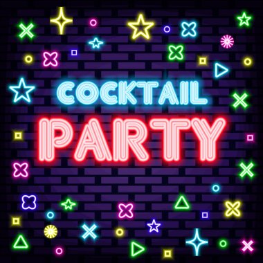 Cocktail Party Neon signboards. Glowing with colorful neon light. Announcement neon signboard. Trendy design elements. Vector Illustration clipart