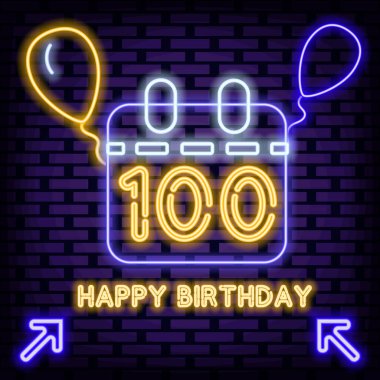 100. doğum günün kutlu olsun. Neon tarzı 100 yıllık rozet. Renkli neon ışıklarıyla parlıyordu. Hafif sanat. Siyah arka planda izole edilmiş. Vektör İllüstrasyonu