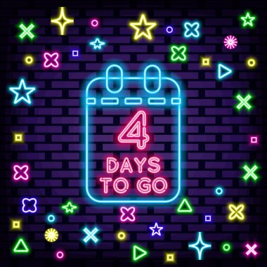 Neon tarzı 4 Gün Rozet Gidiyor. Parlak tabela. Hafif sanat. Tasarım elemanı. Vektör İllüstrasyonu