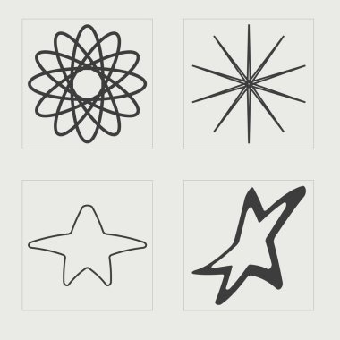 Vektör Grafik Varlıkları Ayarlandı. Soyut grafik geometrik sembollerin büyük bir koleksiyonu. Y-2k tarzında nesneler. Yıldızlar, yıldız patlaması. Vektör illüstrasyonu
