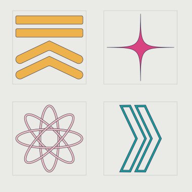 Y2K vektör kümesi. Olağanüstü Grafik Varlıkları. Düz minimalist simgeler. Retro Futurist. Vektör illüstrasyonu