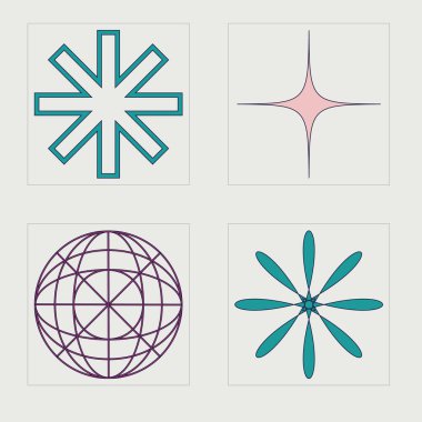 Nesnelerin Y2K biçim vektörleri kümesi. Geçmişe dönük grafik süslemeleri. Siberpunk elementleri. Fütürist. Vektör illüstrasyonu