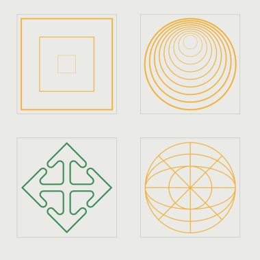 Vektör Grafik Varlıkları Ayarlandı. Çılgın psikedelik retro fütüristik set. Düz minimalist simgeler. Projeler, posterler, afişler. Vektör illüstrasyonu