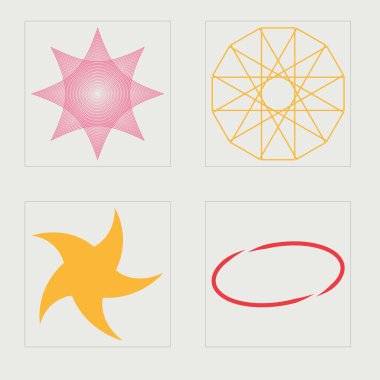 Nesnelerin Y2K biçim vektörleri kümesi. Soyut grafik geometrik sembollerin büyük bir koleksiyonu. Modern soyut formlar. Projeler, posterler, afişler. Vektör illüstrasyonu