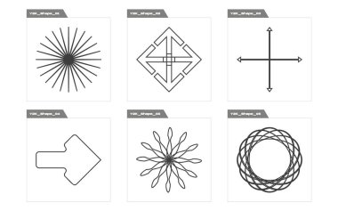 Tasarım için geçmişe dönük gelecek elementler. Çılgın psikedelik retro fütüristik set. Modern soyut formlar. Yıldızlar, yıldız patlaması. Vektör illüstrasyonu
